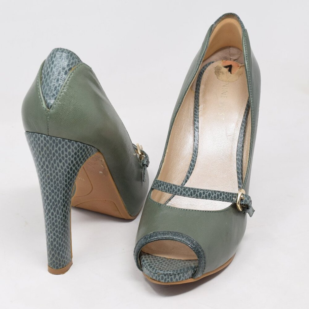 Nine West Hope Women Peep Toe Heel Shoes Green Leather Size 7 Mary Jane Pumps